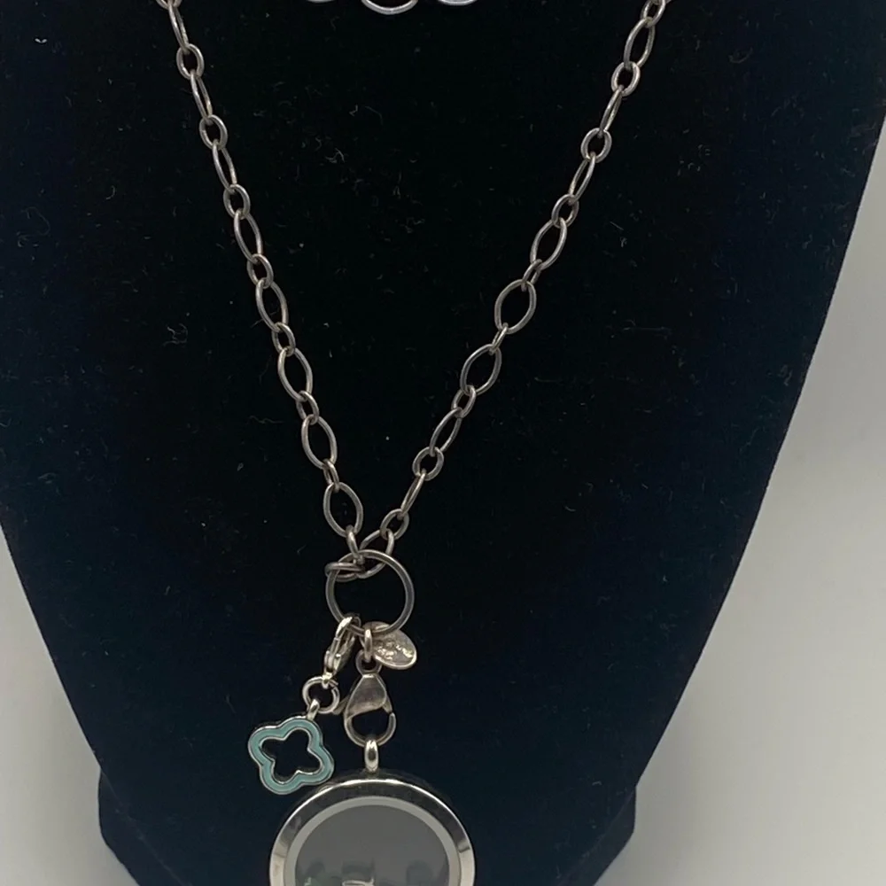 Origami Owl Silver-Tone Chain Necklace with Turquoise Clover Charm
